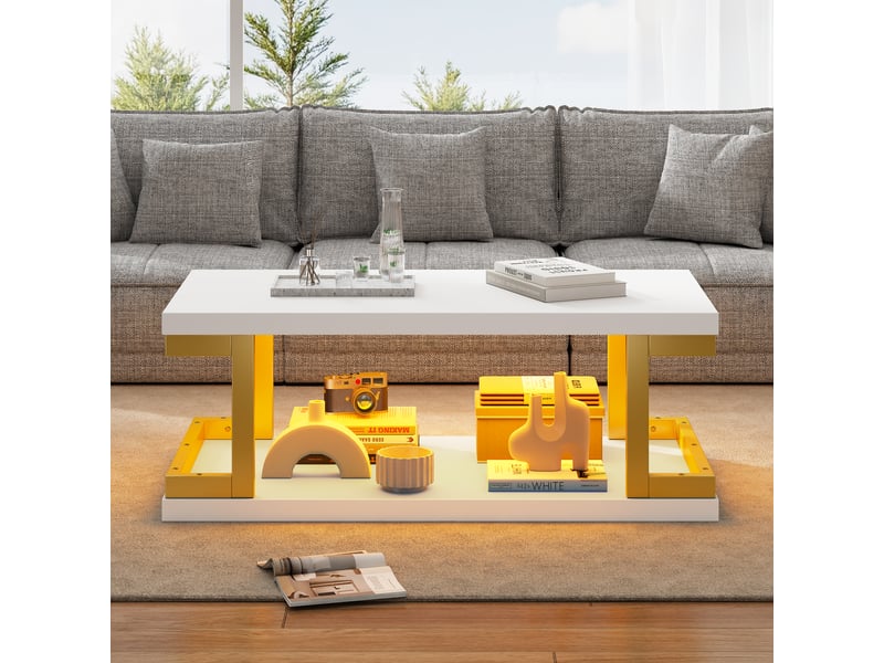 Table basse rectangulaire avec éclairage led, 100x50 cm, 2 niveaux de rangement, mdf et métal, blanc et or - Conforama R