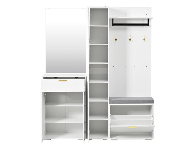 Ensemble vestiaire d’entrée avec miroir et rangement 150x36x180 cm blanc - Conforama R