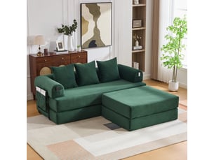 Canapé d'angle convertible modulable en velours côtelé vert émeraude avec pouf et 3 coussins