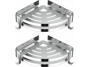 Support d'angle de douche, support de salle de bain sans perçage en acier inoxydable avec 4 crochets-2 pièces (argent)