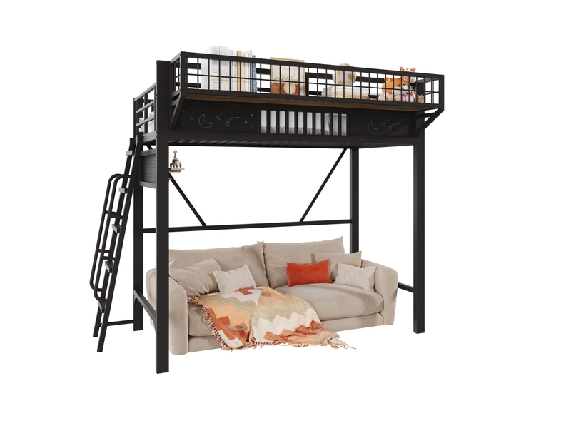  Lit mezzanine 90x200 cm en métal avec rangements noir  - Conforama A