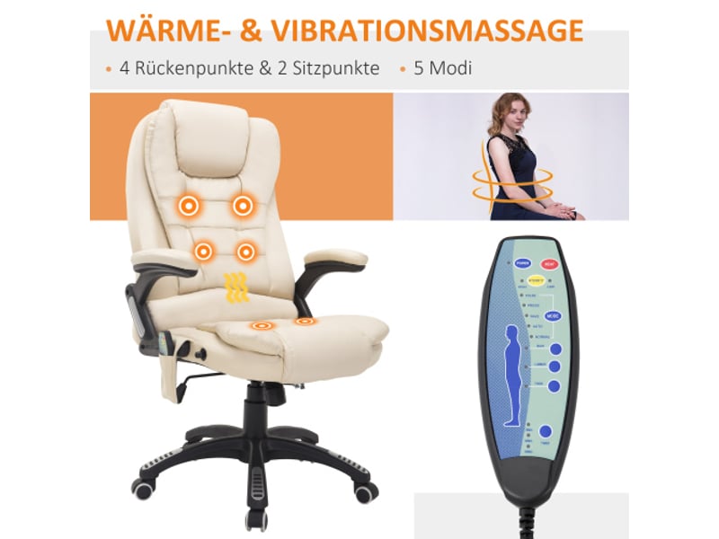  Fauteuil de bureau massant avec 6 points de vibration et chaleur, similicuir beige, pivotant  - Conforama B