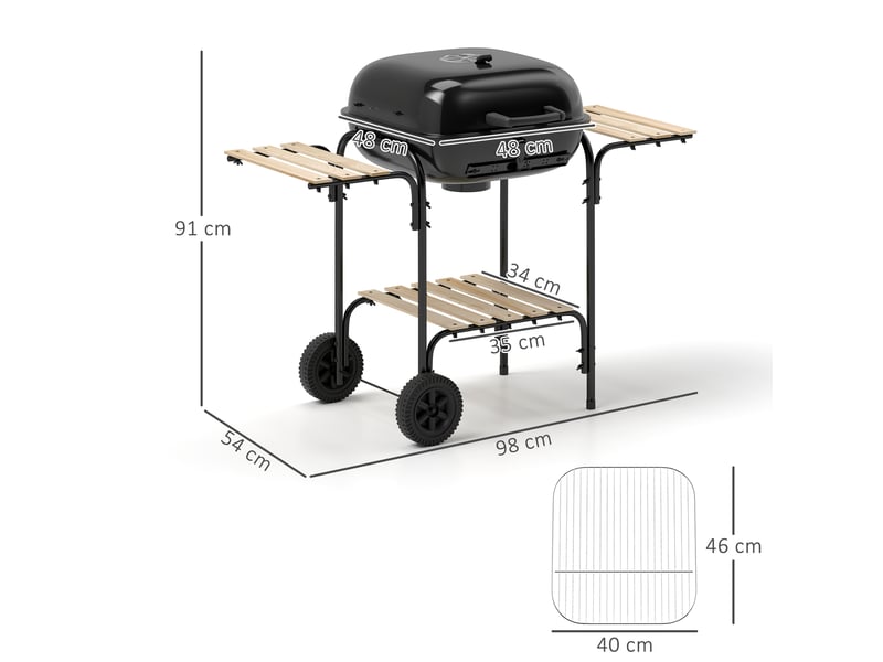  Barbecue chariot en acier avec couvercle verrouillable, grille, roues, poignée et tablette en bois – 98 x 54 x 91 cm – noir  - Conforama E