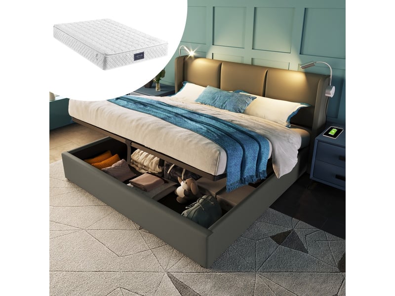  Lit coffre 160x200 cm avec matelas, sommier en pu, usb, lumière de lecture, rangement  - Conforama B