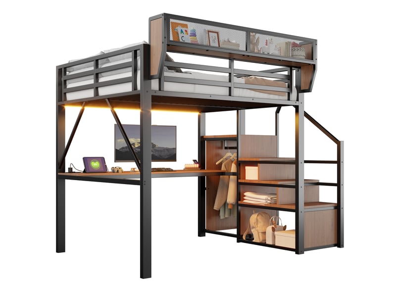  Lit surélevé 140x200 en métal noir avec led, long bureau, échelle sécurisée et rangement modulable  - Conforama A