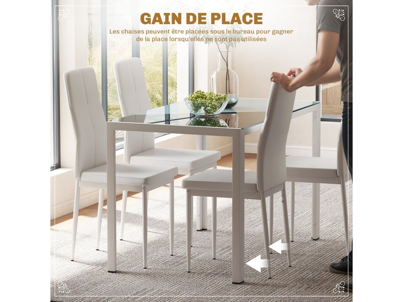  Ensemble table à manger et chaises pour 4 personnes, plateau rectangulaire en verre, blanc, pour cuisine salon maison  - Conforama A