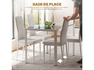 Ensemble table à manger et chaises pour 4 personnes, plateau rectangulaire en verre, blanc, pour cuisine salon maison