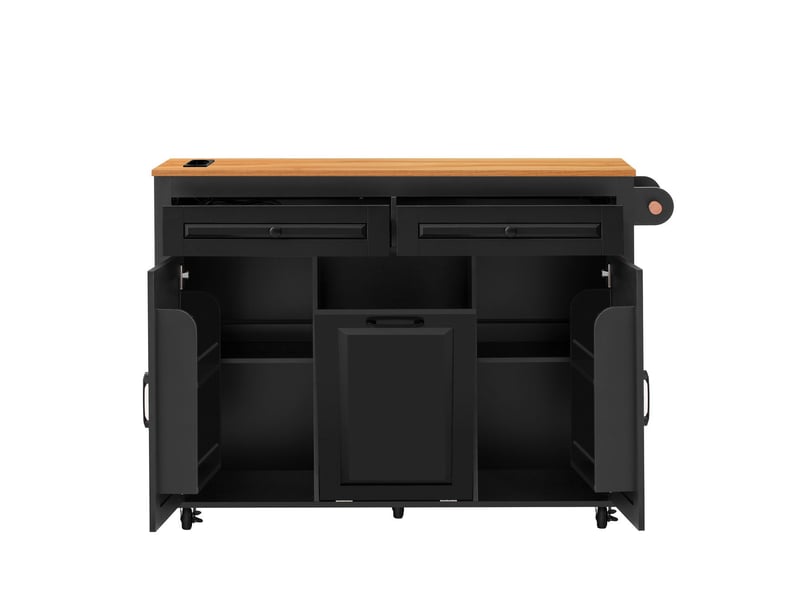  Îlot de cuisine plan de travail meuble de cuisine sur roulettes espace repas extensible compartiment poubelle multiprises intégrées structure autoportante finition noire  - Conforama D