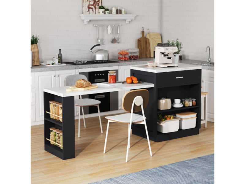  Îlot de cuisine avec table à manger extensible, 2 tiroirs, étagères latérales ouvertes, pour 4 à 6 personnes - noir  - Conforama C