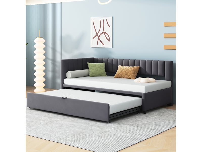  Lit enfant gigogne 90x200cm, gain de place, tête de lit confort, style moderne, velours gris foncé, sans matelas  - Conforama B