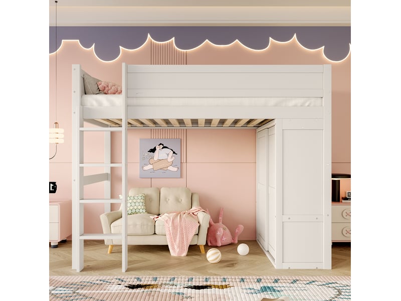  Lit mezzanine enfant 90x200 cm avec armoire et rangement blanc  - Conforama B