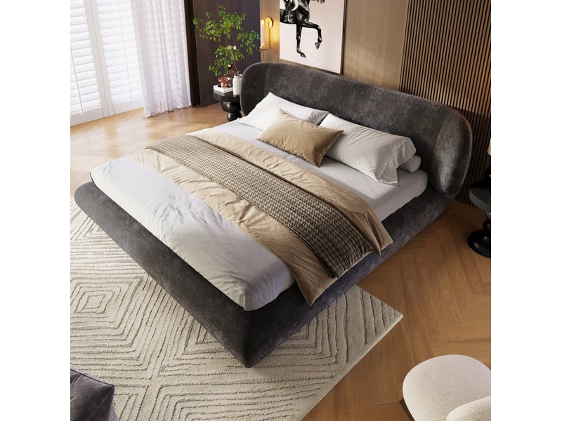 Lit double 180x200 cm en chenille gris avec sommier à lattes et tête de lit - Conforama E