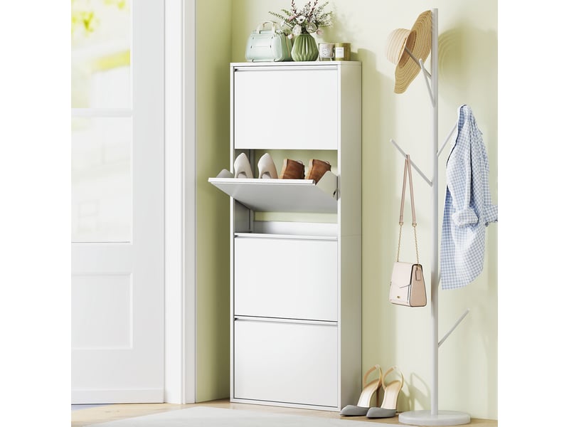  Meuble à chaussures étroit métal blanc, 4 tiroirs inclinables, capacité 8 paires. Idéal pour l'entrée et le couloir  - Conforama B