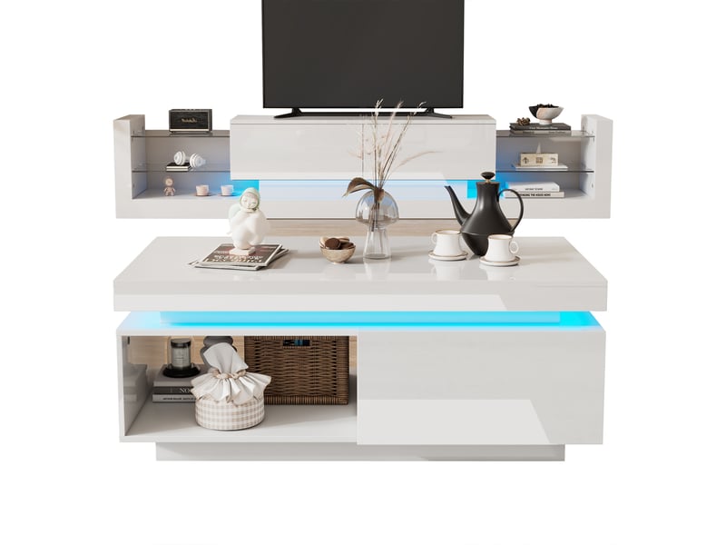  Ensemble meuble tv blanc - haute brillance - éclairage led intégré - dimensions table basse 100x50x40.3cm - Conforama A