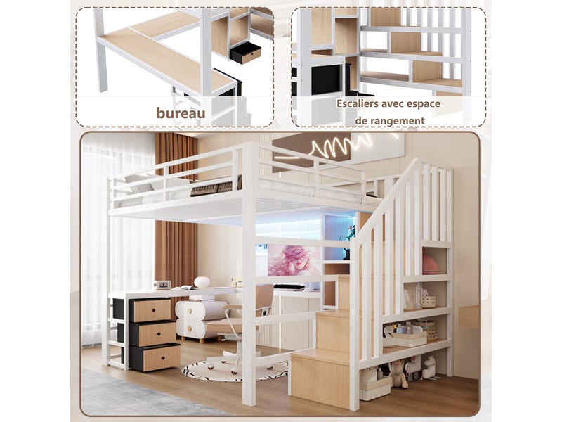  Lit mezzanine 140x200 cm avec étagère et 4 tiroirs, lit enfant avec bande lumineuse led et bureau, structure en fer, blanc  - Conforama R