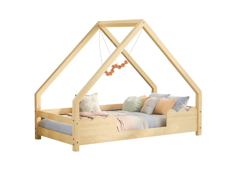  Lit cabane enfant 90x200 cm avec barrières anti-chute, bois, naturel sans matelas  - Conforama A