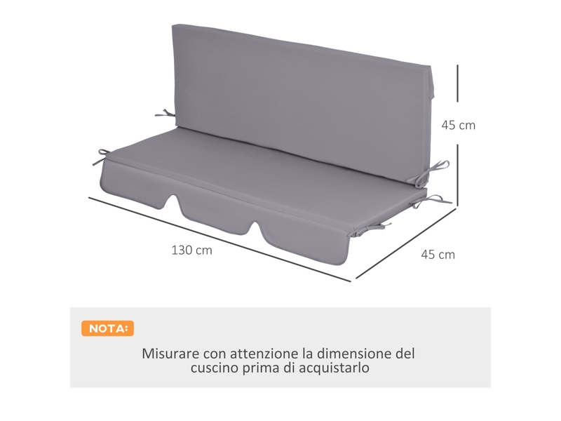  Coussins d'extérieur pour balancelle de jardin 3 places avec attaches, 2 pièces 130 x 45 x 5 cm, gris  - Conforama E