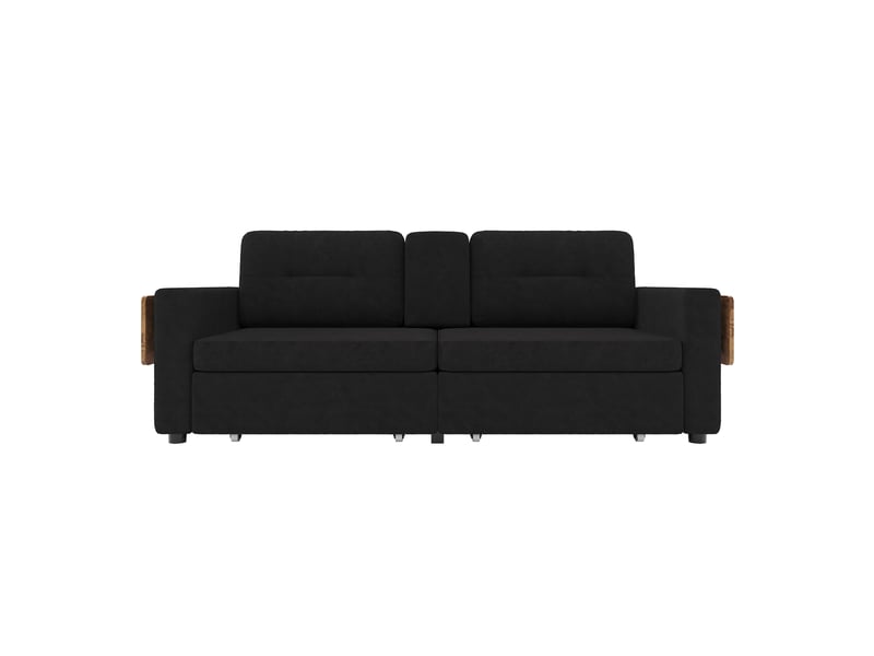 Canapé 2 places avec 2 compartiments de rangement et assise réglable, table ordinateur escamotable et porte-gobelets, tissu chenille noir - Conforama A