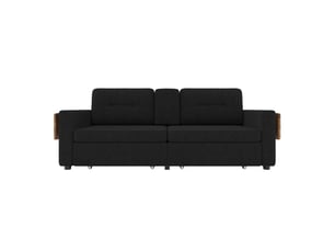 Canapé 2 places avec 2 compartiments de rangement et assise réglable, table ordinateur escamotable et porte-gobelets, tissu chenille noir