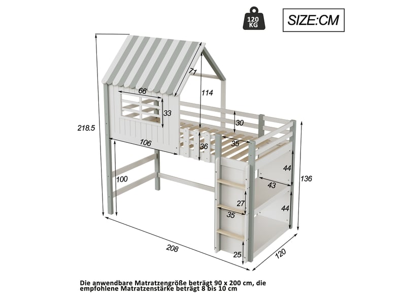  Lit cabane pour enfant 90 x 200 cm, structure en bois massif avec toit et échelle, finition verte  - Conforama B