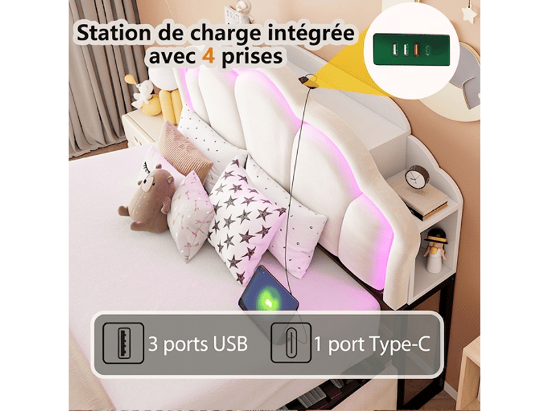  Lit coffre 140x200 velours beige avec rangement hydraulique, led et prises intégrées sans matelas  - Conforama E
