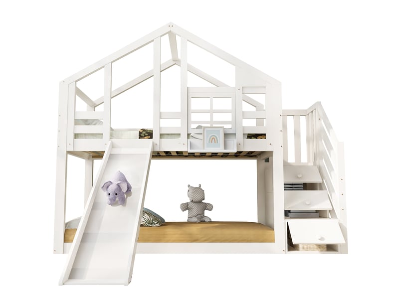  Lit superposé enfant cabane 90x200 cm avec toboggan et rangements, blanc  - Conforama A