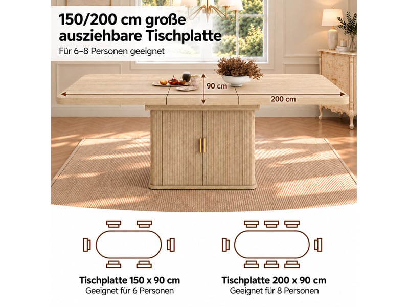  Table de salle à manger extensible pour 6 à 8 personnes avec rangement intégré, plateau épais en mdf coloris chêne  - Conforama E