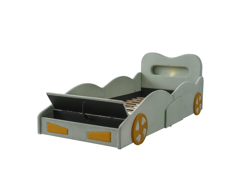 Lit rembourré pour enfants 90x200cm - design automobile - avec liseuses, ports de charge et espaces de rangement - tissu velours - vert (sans matelas)  - Conforama R