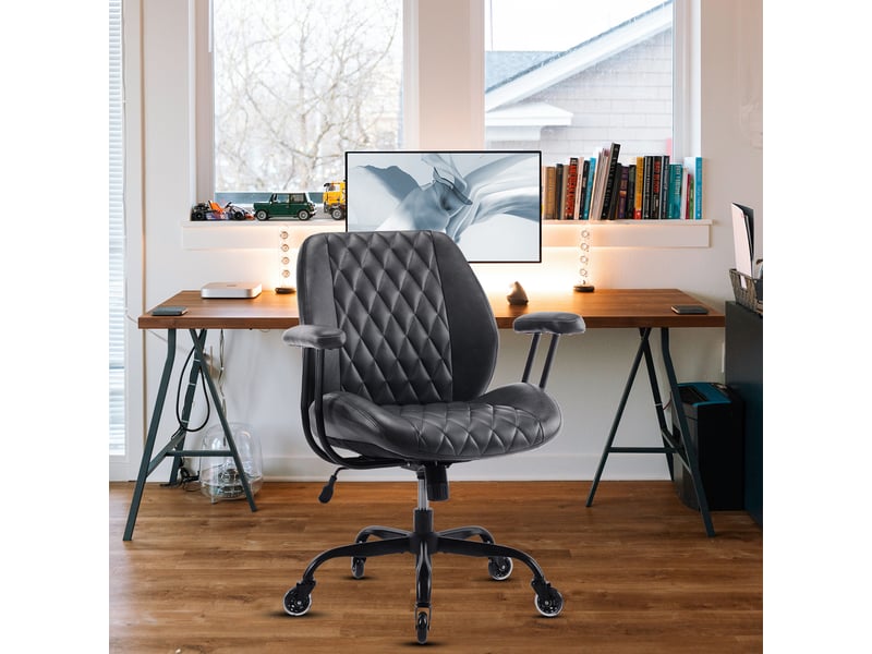  Chaise de bureau ergonomique avec soutien lombaire, hauteur réglable, roulettes silencieuses en cuir noir  - Conforama A