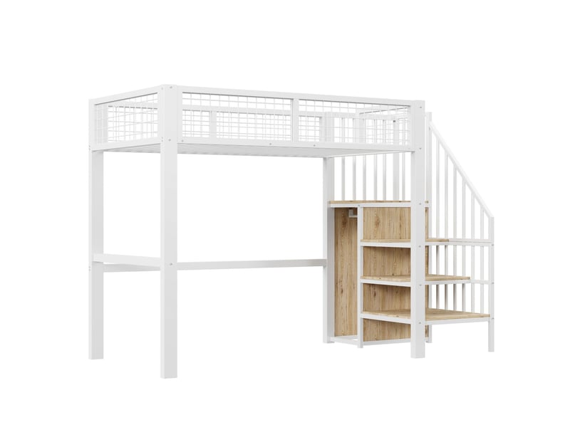  Lit mezzanine 90x200cm avec armoire, étagères et échelle sécurisée, lit simple, barrières de sécurité - design unique, blanc  - Conforama E