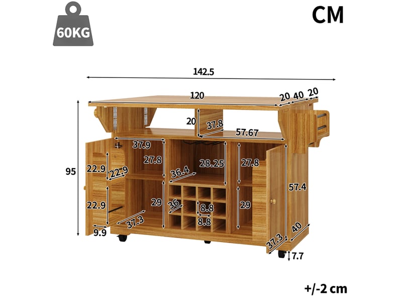  Desserte de cuisine avec plateaux rabattables, étagères réglables et porte-bouteilles, 142,5 × 80 × 95 cm  - Conforama E
