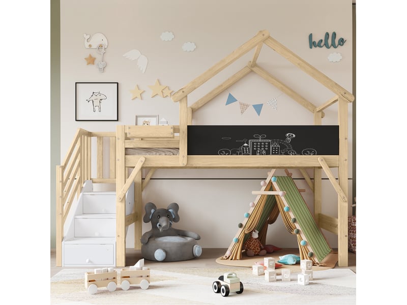 Lit superposé enfant 90x200 cm avec toit, échelle à rangements et tableau à craie - Conforama D