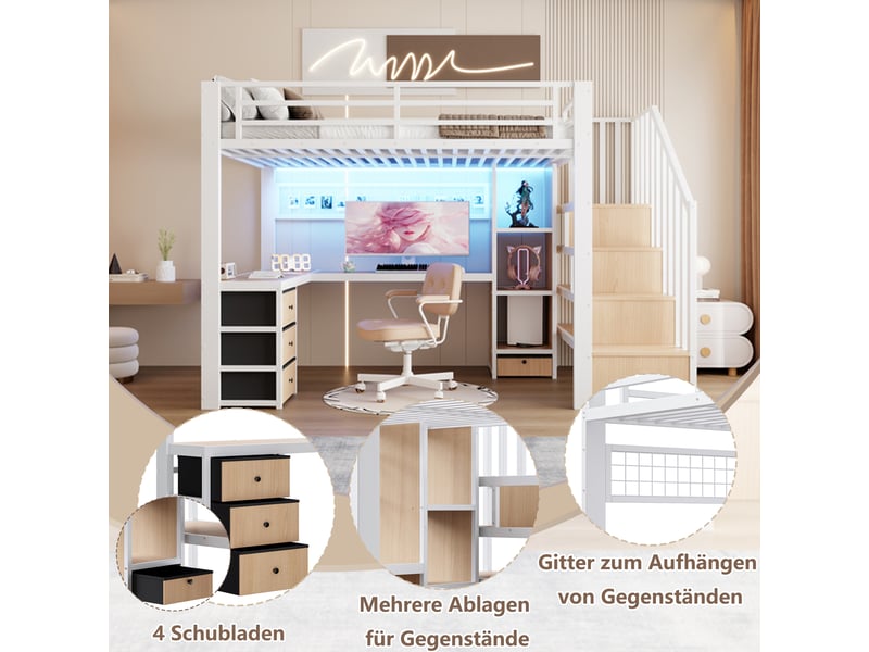  Lit mezzanine 90x200 cm avec bande lumineuse led et 4 tiroirs, lit 2 personnes en blanc, lit enfant avec étagère et bureau  - Conforama R