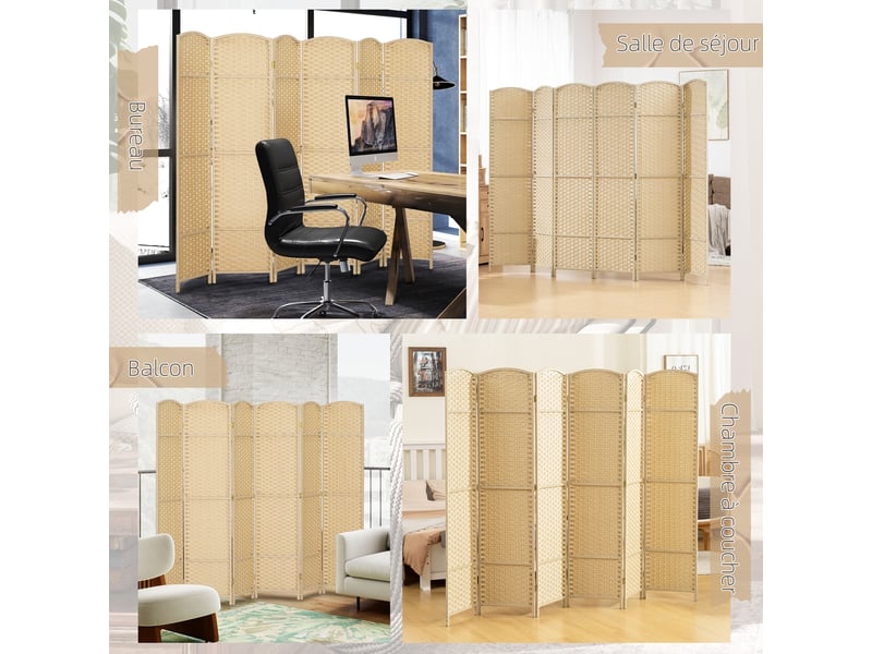  Paravent interieur en bois 6 panneaux 240 x 170 cm séparateur de pièce pliable pour salon, naturel, chambre à coucher  - Conforama W