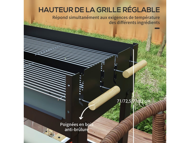  Barbecue à charbon sur pied, double grille réglable, 2 roues, 2 tablettes, 113 x 53,5 x 82,5 cm  - Conforama W
