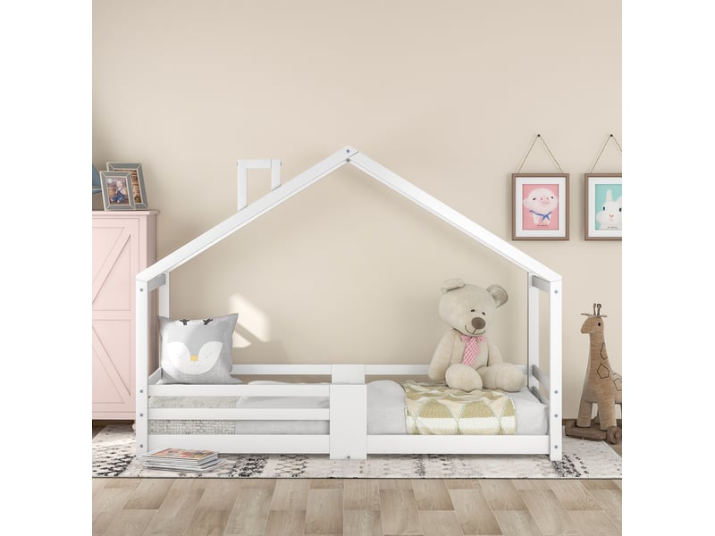 Lit cabane enfant blanc 90x200 cm avec barrières et cheminée - Conforama E