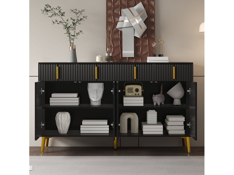 Buffet et enfilade noir avec 4 portes, 4 tiroirs et étagères réglables, détails dorés pour salon 140 × 38 × 82 cm - Conforama E