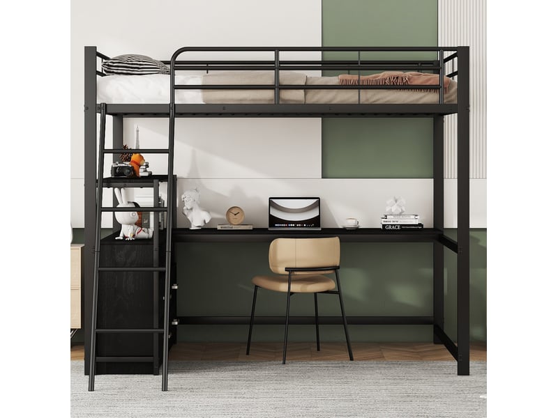 Lit mezzanine tcqpz 140 x 200 cm avec bureau en l et tiroirs en métal et mdf noir  - Conforama D