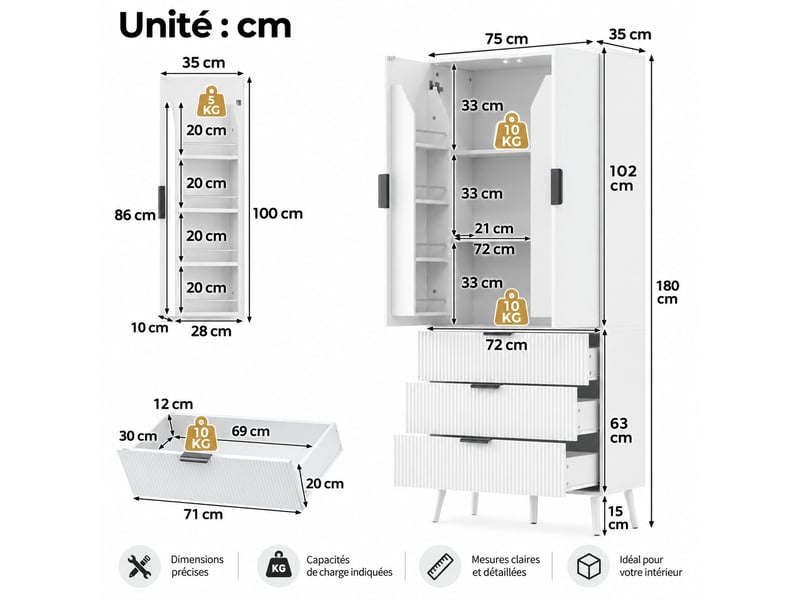  Buffet haut cuisine,2 portes battantes + 3 tiroirs,meuble de rangement ,décor blanc  - Conforama C