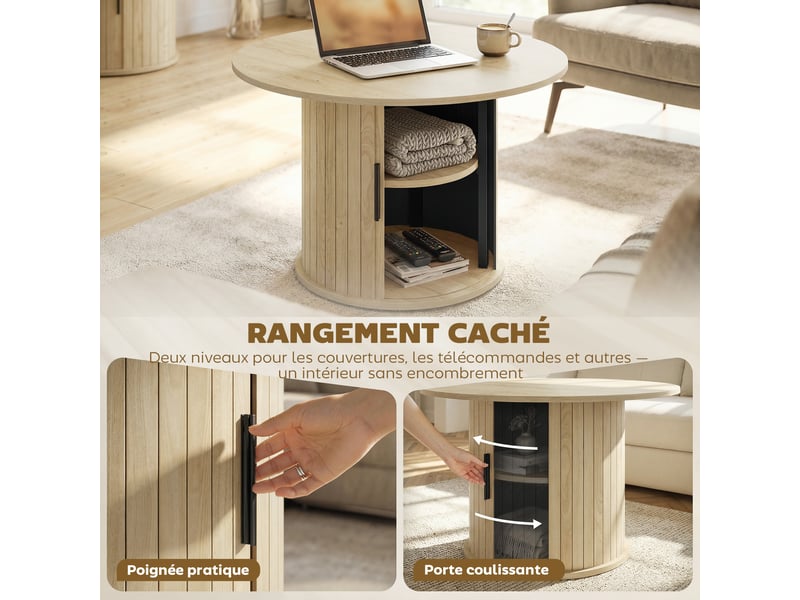  Table basse ronde, table de salon avec rangement, porte coulissante à lattes, 2 étagères, effet bois naturel  - Conforama E