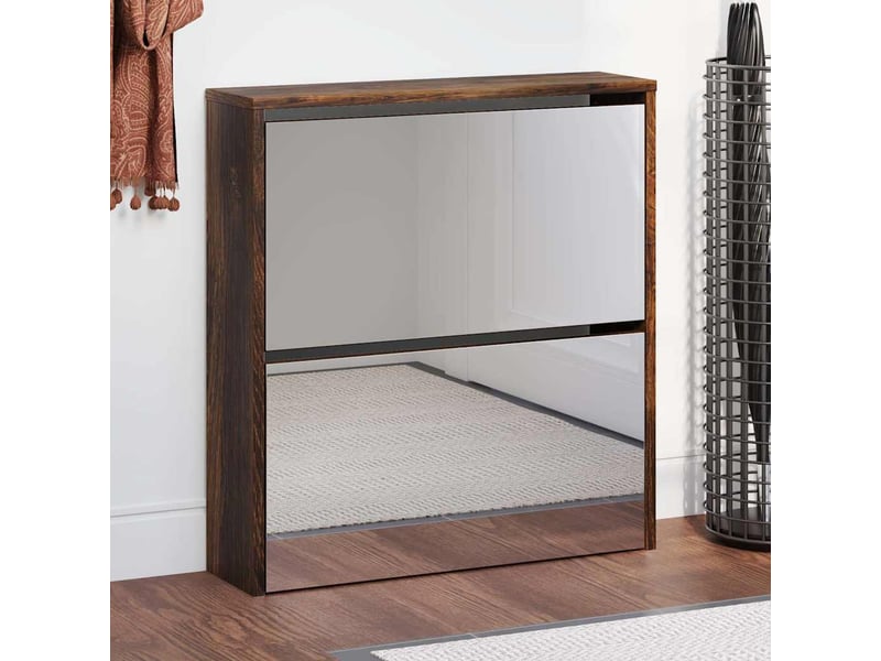  Meuble à chaussure, armoire à chaussures miroir à 2 niveaux chêne fumé 63x17x67 cm  - Conforama B