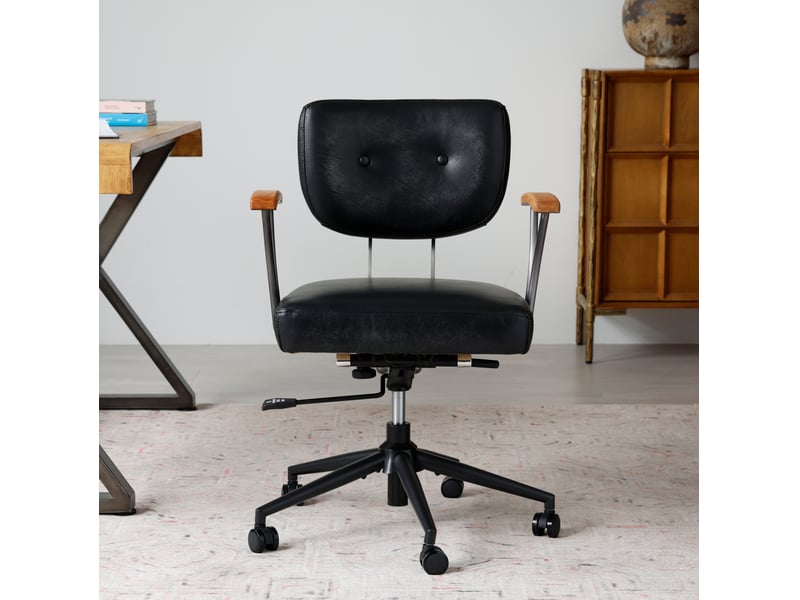  Chaise de bureau ergonomique réglable en hauteur, pivotante à 360° avec roulettes, accoudoirs en bois, cuir noir  - Conforama E