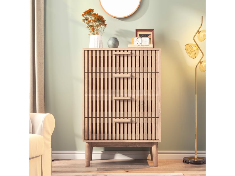 Commode 4 tiroirs - 60x34x91cm - meuble rangement chiffonnier scandinave façades à lattes et pieds hauts - chêne clair - Conforama B