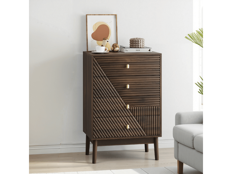 Commode scandinave 4 tiroirs effet bois noyer 4 tiroirs sculptées et pieds évasés 60x40x90cm  - Conforama C