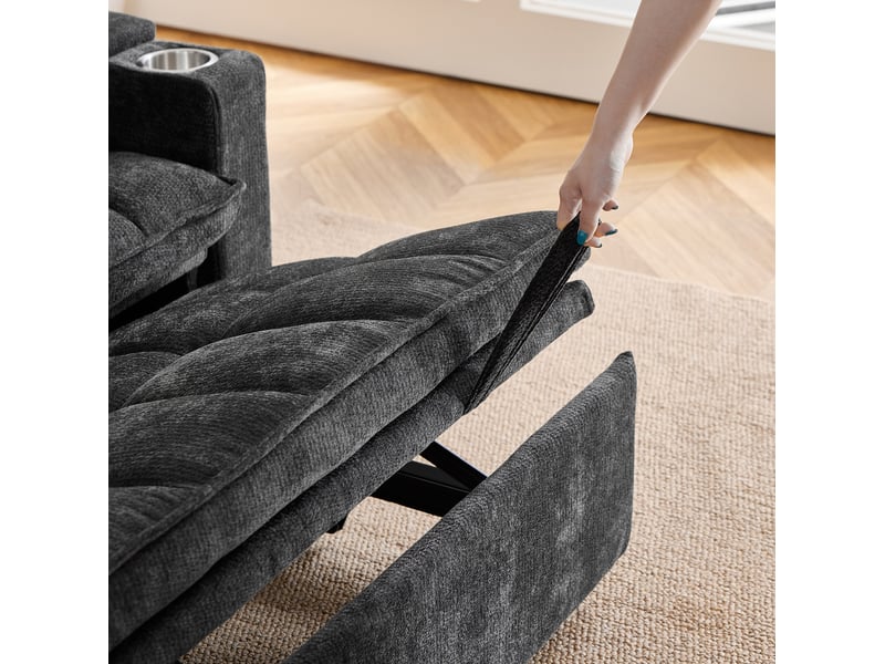  Canapé convertible 3 en 1 142x89x89 cm noir en chenille, rangement et deux porte-gobelets intégrés  - Conforama E
