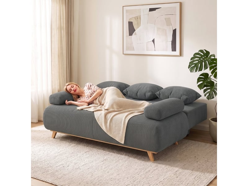  Canapé convertible avec coffre de rangement, banquette clic clac lit 2-3 places pour salon, et revêtement velours côtelé 188x100x84 cm, gris  - Conforama C
