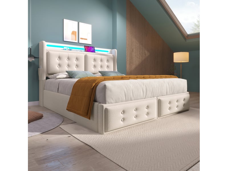  Lit coffre 140 x 200 cm beige avec matelas, led et recharge usb-c  - Conforama C