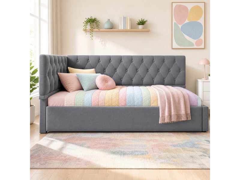  Lit banquette simple 90x200 cm en velours gris avec coffre hydraulique et dossier réversible, sans matelas  - Conforama B