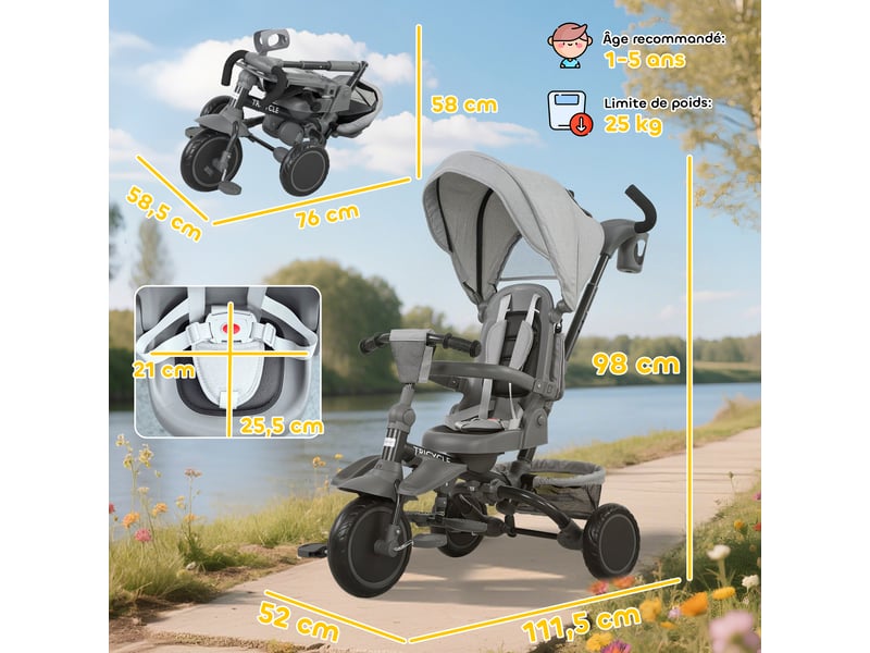 Tricycle bébé évolutif 6 en 1, tricycle enfant pliable avec poignée parentale réglable, siège pivotant 360°, gris - Conforama C