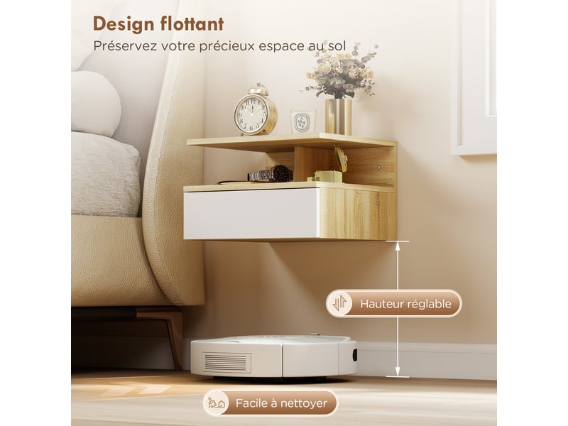  Lot de 2 tables de chevet murales, tables de nuit suspendues avec tiroir, étagère ouverte, 35x32x22,5cm, blanc et chêne  - Conforama E